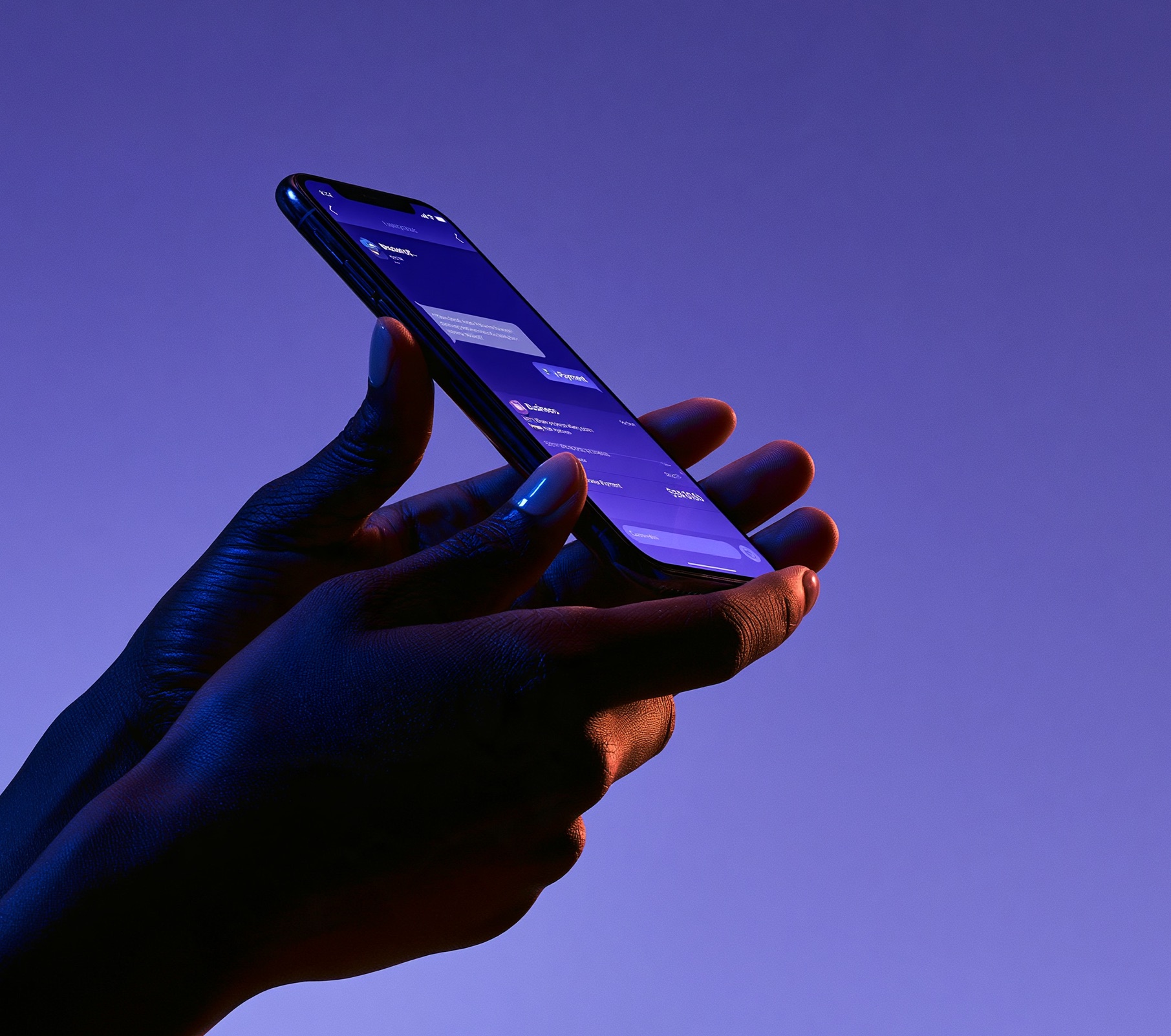 Black Nigerian hands holding smartphone with business chat and mobile payment interface