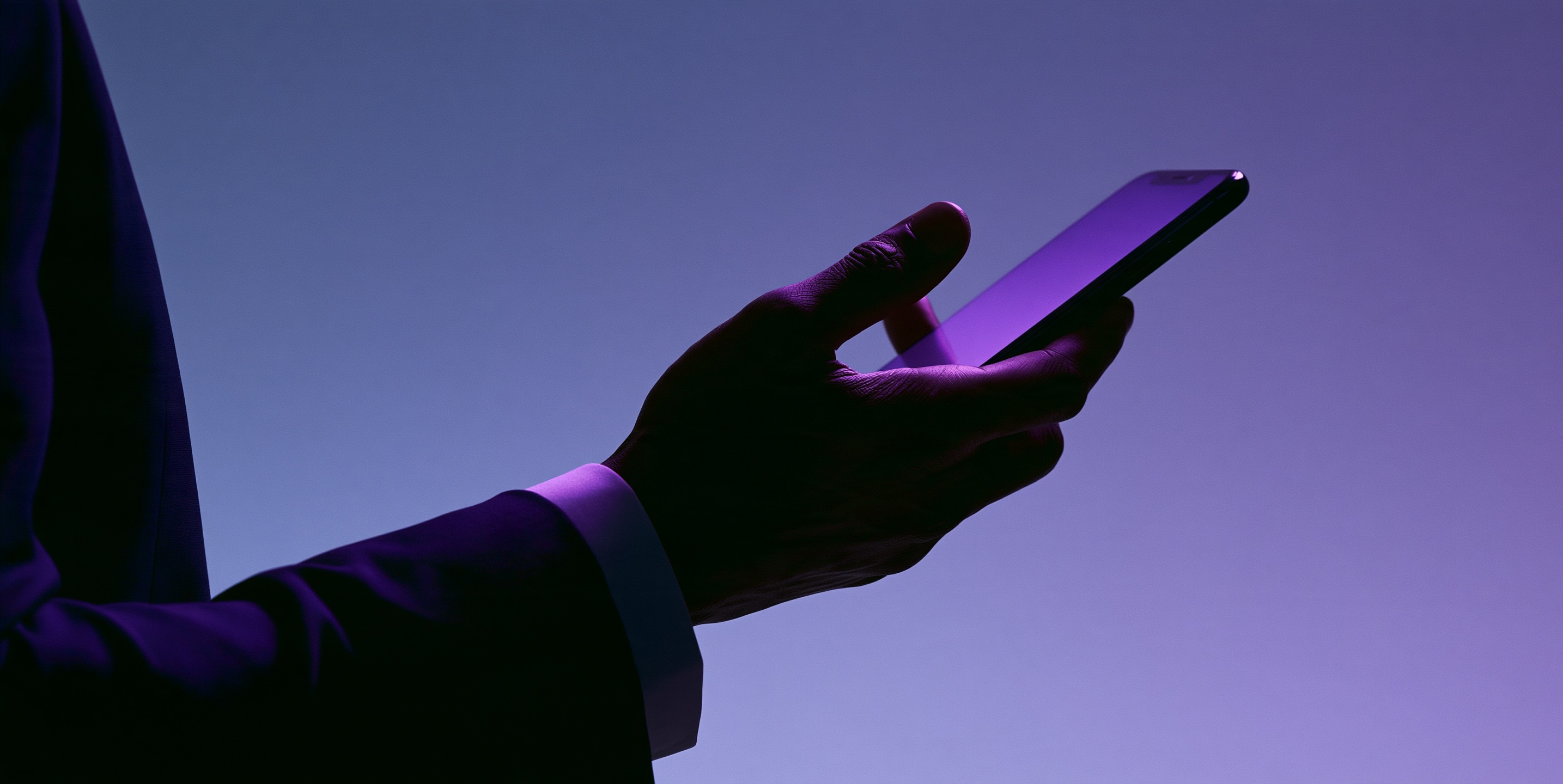 Wide studio commercial shot of Black Nigerian hands in tailored business suit presenting smartphone with interactive WhatsApp store interface